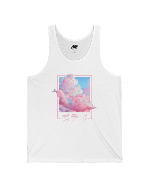 White tank top with a colorful pastel cloud graphic with japanese text on a white background