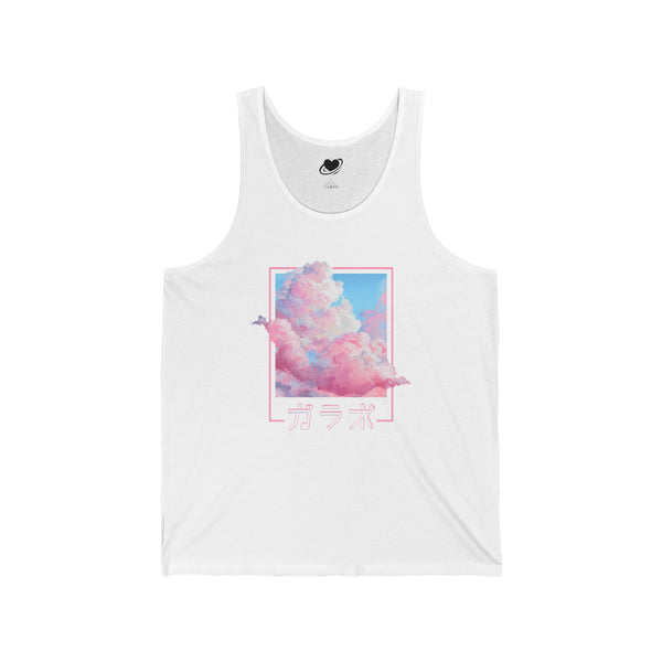 White tank top with a colorful pastel cloud graphic with japanese text on a white background