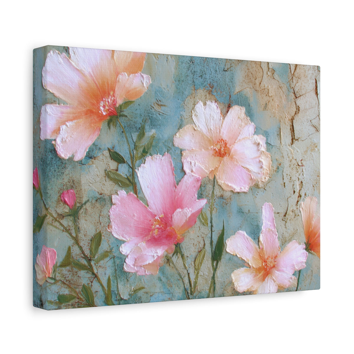 Floral canvas print with pink and peach flowers on a textured blue background