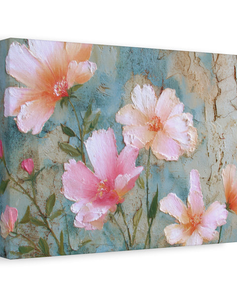 Floral canvas print with pink and peach flowers on a textured blue background