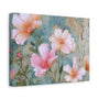 Floral canvas print with pink and peach flowers on a textured blue background