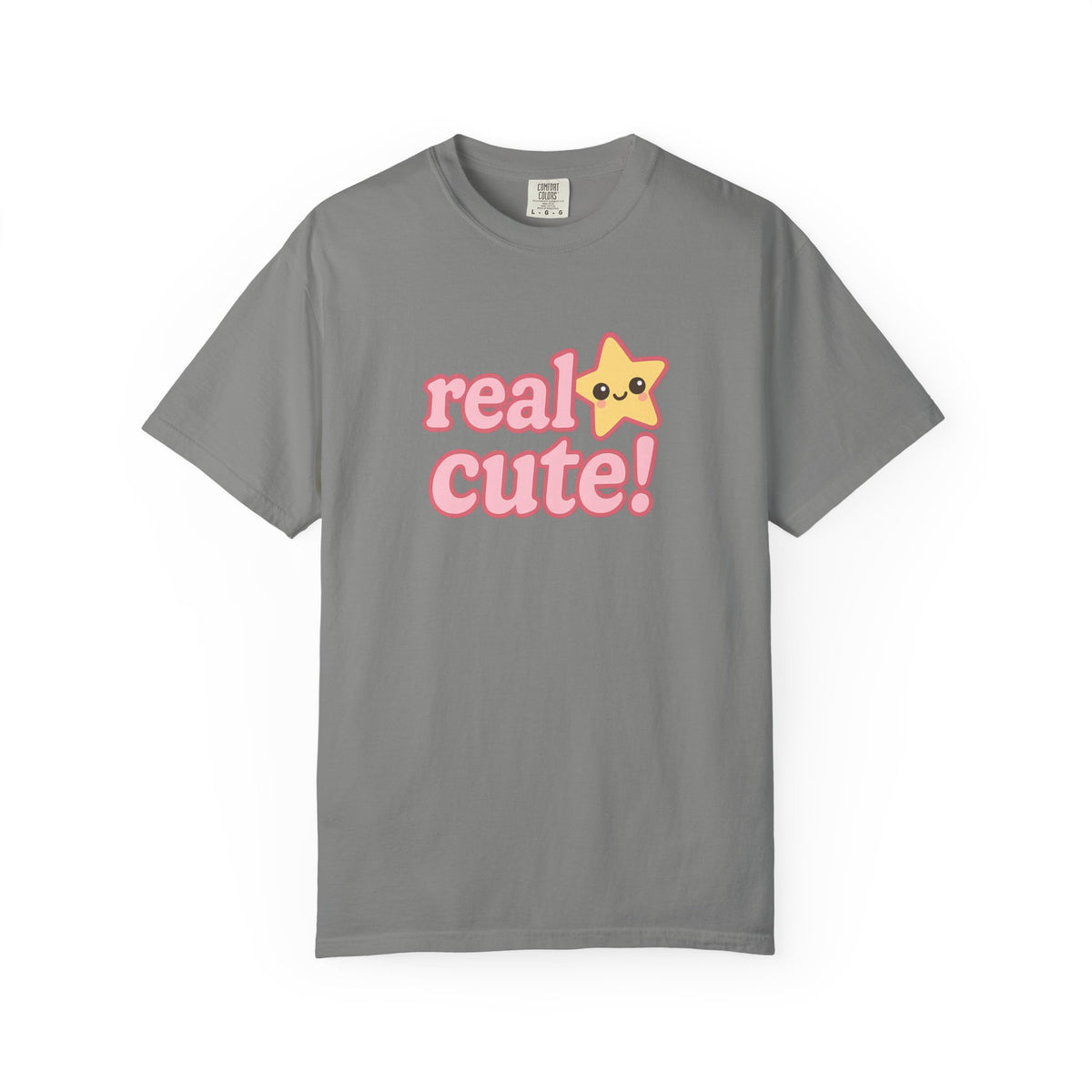 Gray t-shirt with 'real cute!' text and a star graphic on a white background