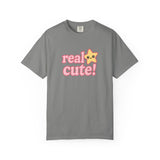 Gray t-shirt with 'real cute!' text and a star graphic on a white background