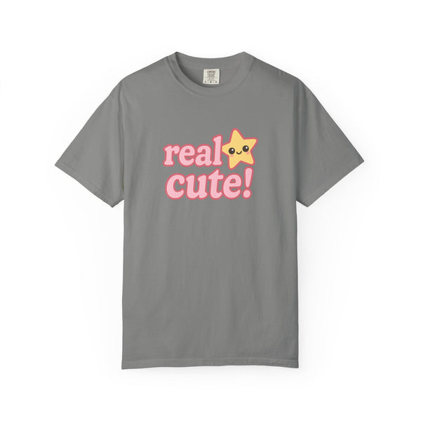 Gray t-shirt with 'real cute!' text and a star graphic on a white background