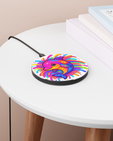 Round colorful wireless charger on a white table with a beige background