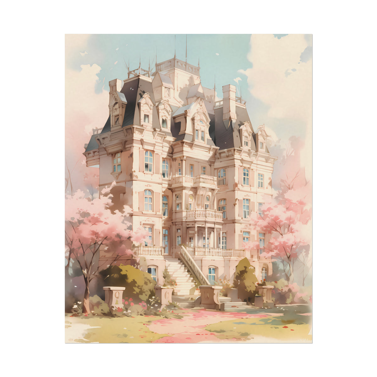 Celestia Manor in Spring - Anime Watercolor Mansion Poster