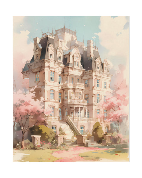 Celestia Manor in Spring - Anime Watercolor Mansion Poster