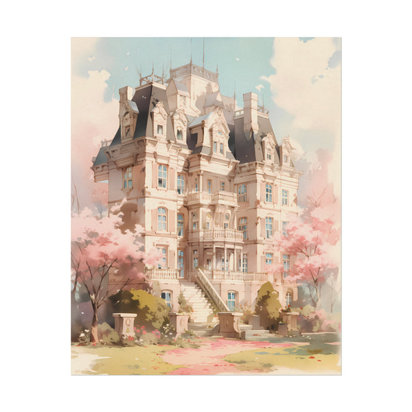 Celestia Manor in Spring - Anime Watercolor Mansion Poster
