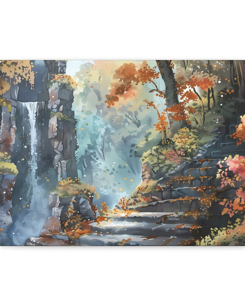 An anime fantasy canvas print featuring a mountainous landscape with autumn colors and a rugged path.