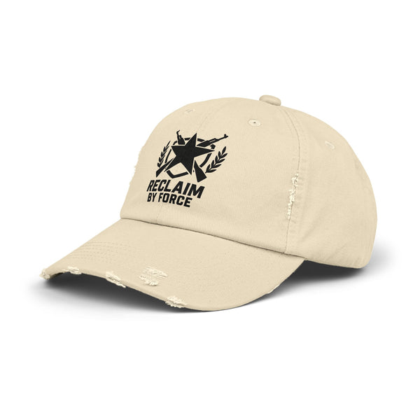 Beige cap with black logo and text on a white background