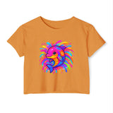 Orange t-shirt with a colorful dolphin design on a white background