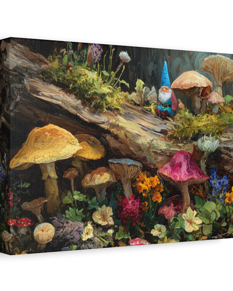 Canvas print of a gnome and colorful mushrooms in a forest setting