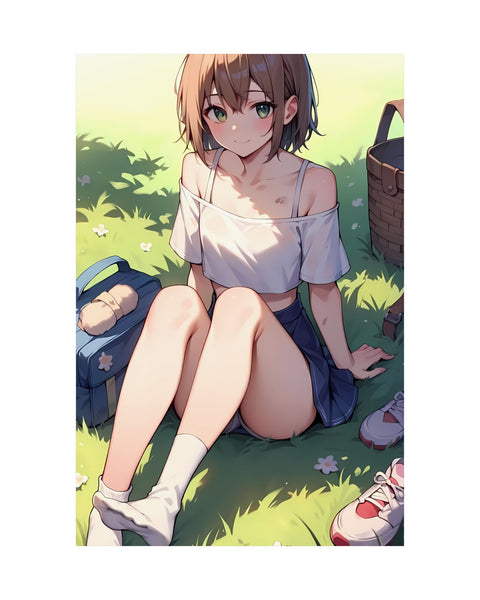 Anime-style girl character sitting on grass with a picnic basket