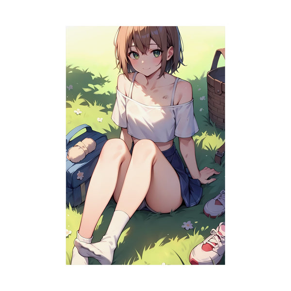 Anime-style girl character sitting on grass with a picnic basket
