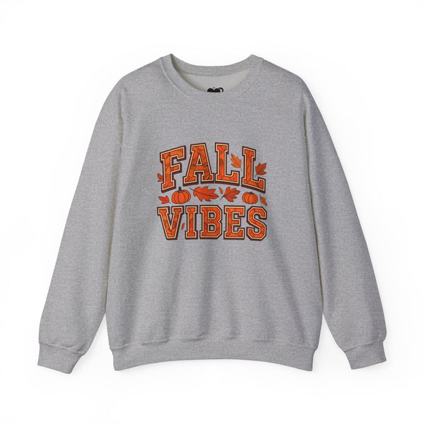 Gray sweatshirt with 'Fall Vibes' text and pumpkins on a white background