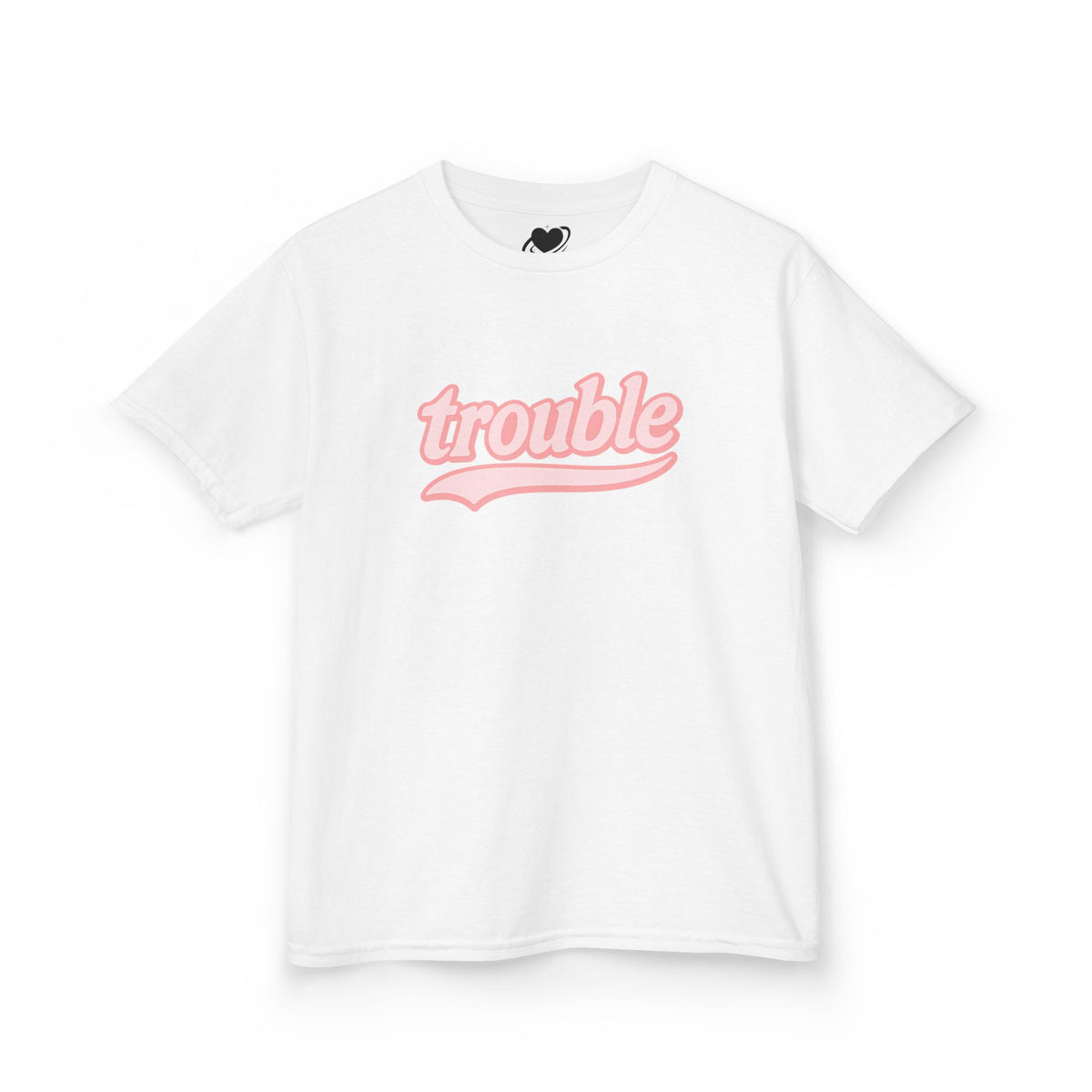 White t-shirt with pink 'trouble' text on a white background