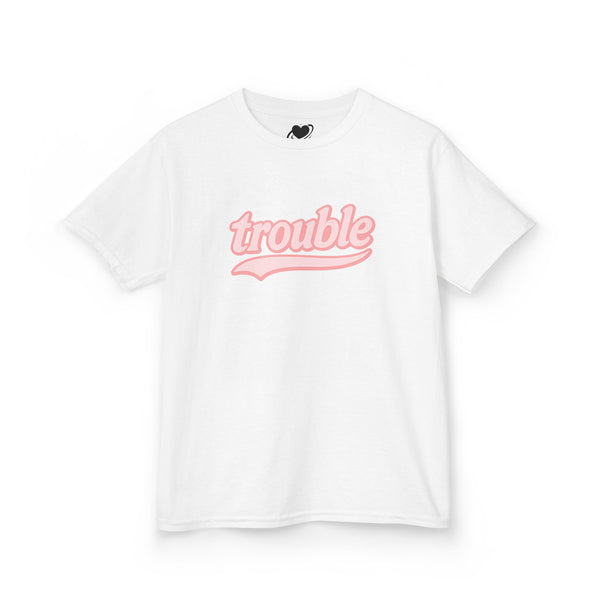White t-shirt with pink 'trouble' text on a white background