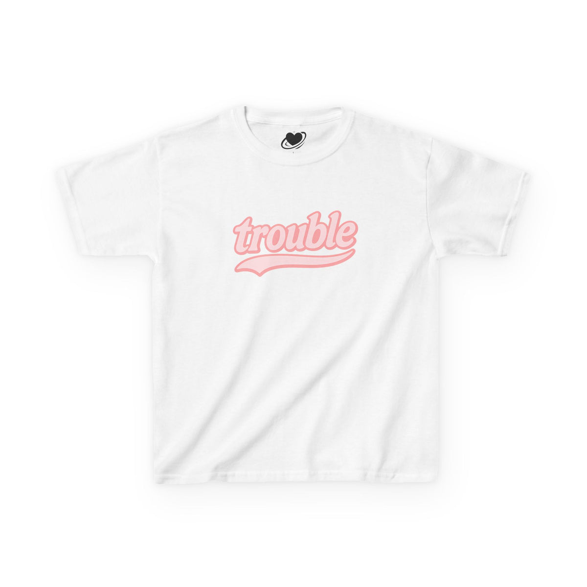White t-shirt with pink 'trouble' text on a white background