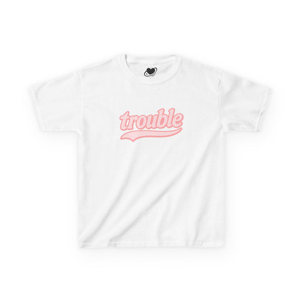 White t-shirt with pink 'trouble' text on a white background