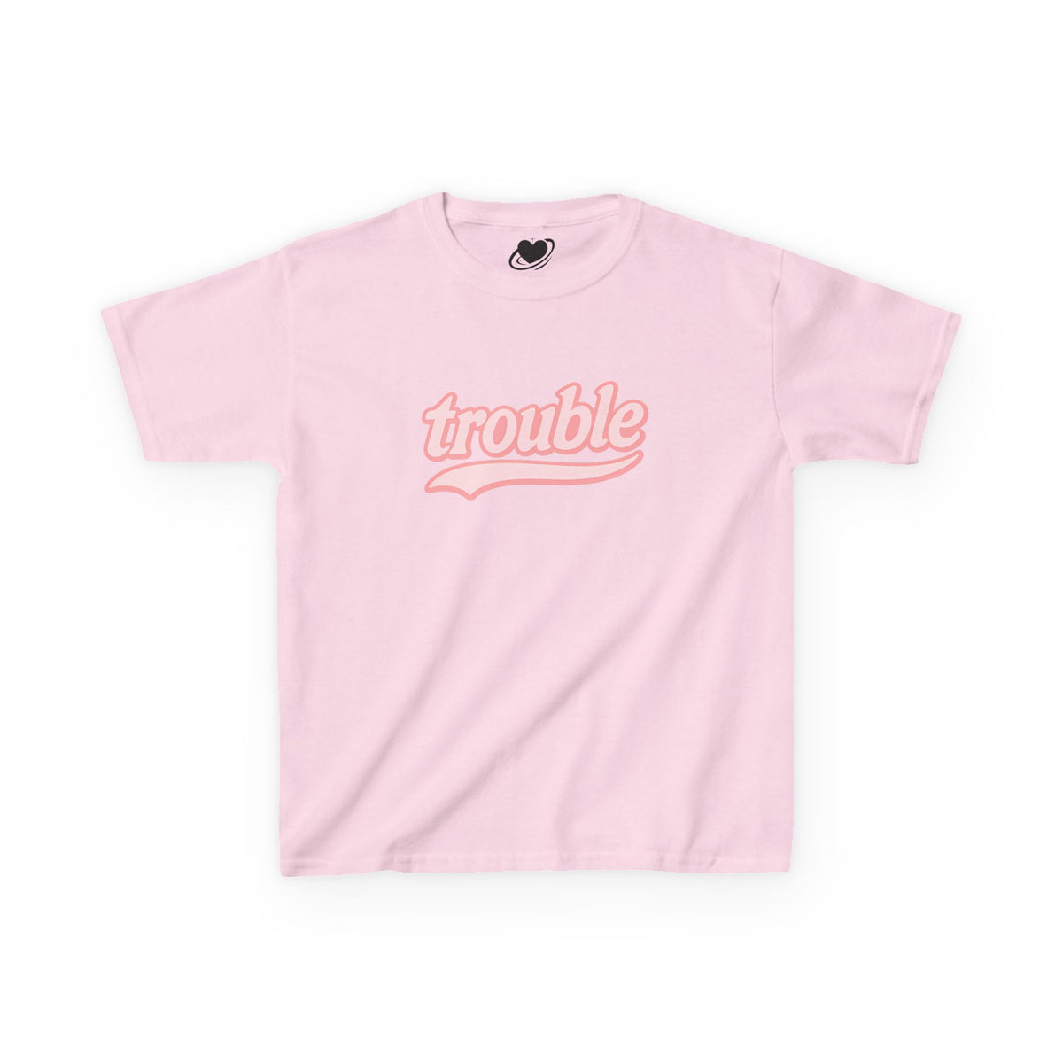 Pink t-shirt with 'trouble' text on a white background