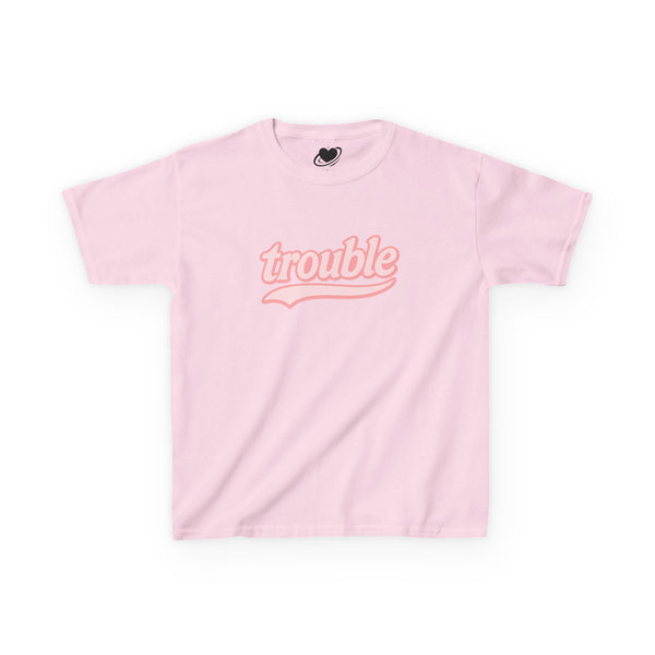Pink t-shirt with 'trouble' text on a white background