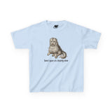 A light blue baby tee featuring a vintage-style illustration of a medieval dog meme and the text 'how i gaze at a hearty stew' printed on the front.