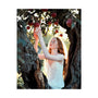 whimsical photography poster of a young woman sitting in a tree reaching up to grab an apple