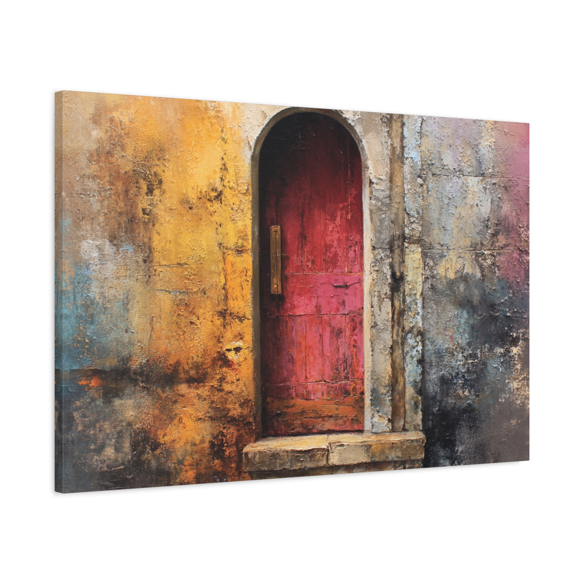 Canvas print of Old Entrance - Abstract Textured Wall Art, a red door in an arched stone archway with textured walls, angled view