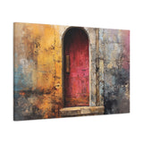 Canvas print of Old Entrance - Abstract Textured Wall Art, a red door in an arched stone archway with textured walls, angled view
