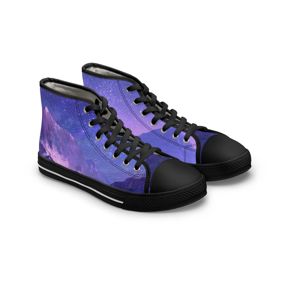 Pair of high-top anime sneakers with a purple and black design on a white background