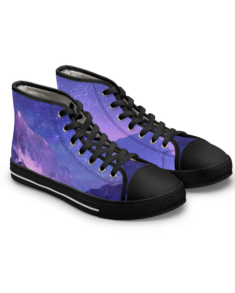 Pair of high-top anime sneakers with a purple and black design on a white background