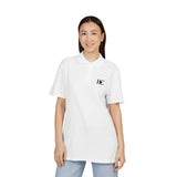 Person wearing a white Heart Circle polo shirt with a logo on a white background