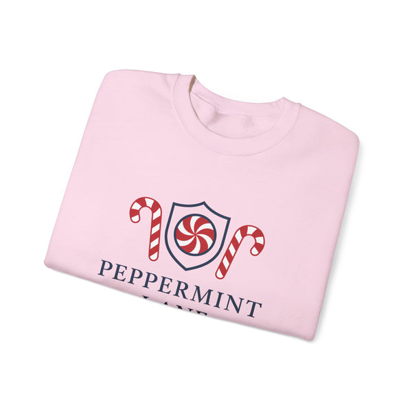 Folded pink sweatshirt with peppermint-themed design on a white background
