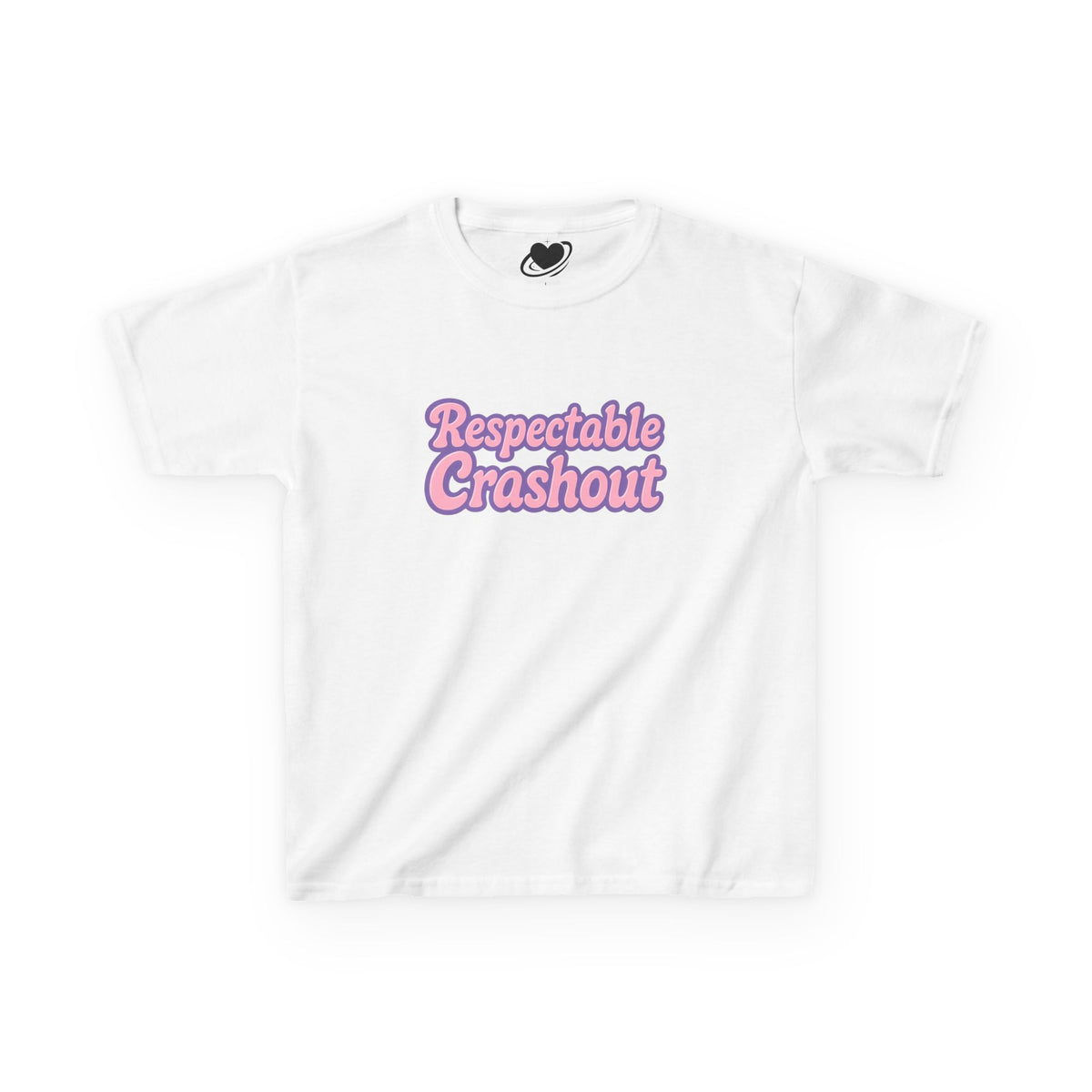 White t-shirt with pink text 'Respectable Crashout' on a white background
