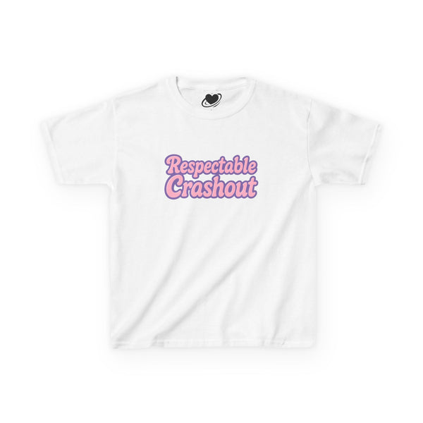 White t-shirt with pink text 'Respectable Crashout' on a white background