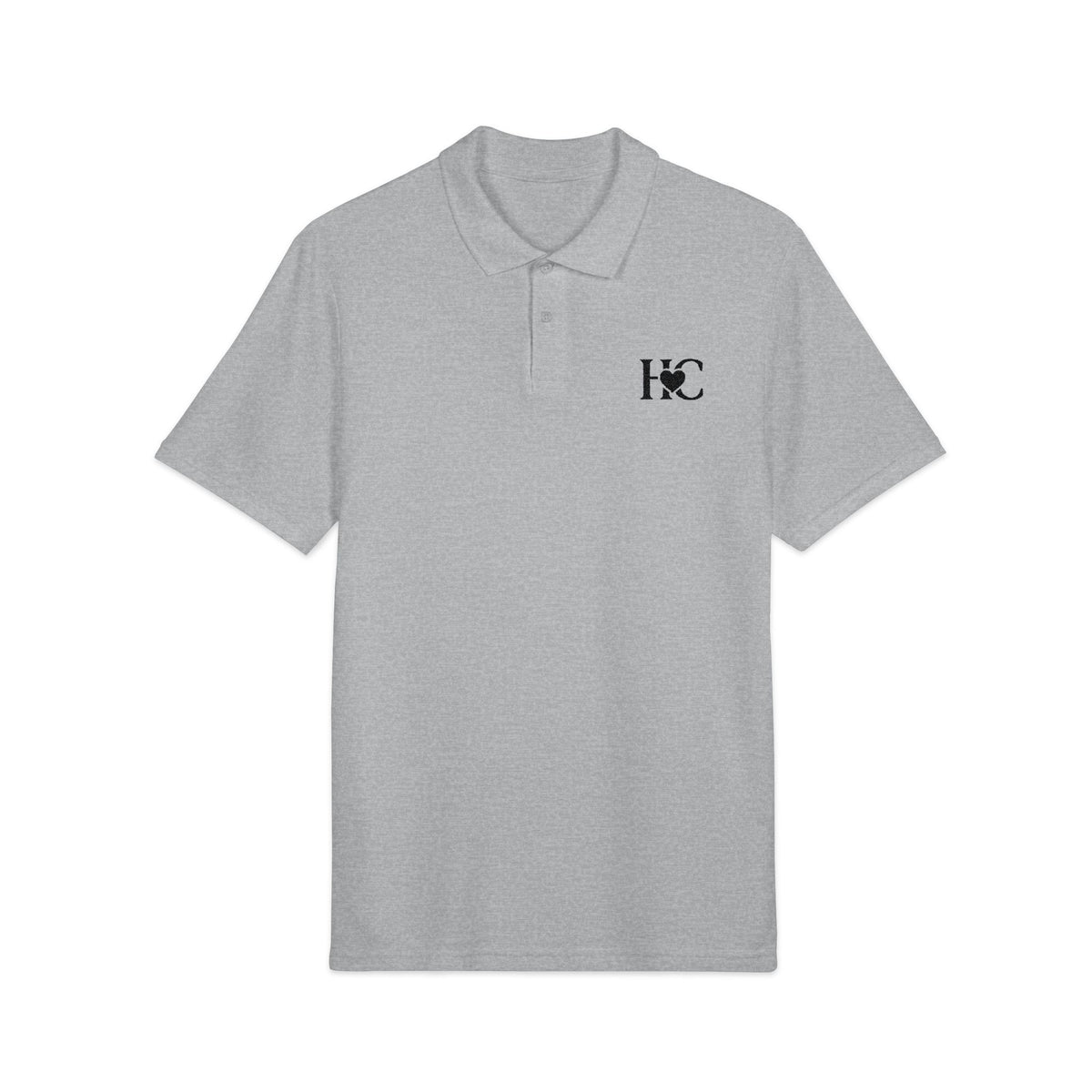Gray polo shirt with an HC logo on the chest against a white background
