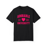 Black crew neck t-shirt with the text 'ADORABLE UNIVERSITY EST 2023' printed in red, heart symbol replacing the year.