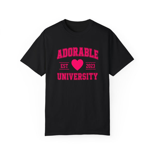 Black crew neck t-shirt with the text 'ADORABLE UNIVERSITY EST 2023' printed in red, heart symbol replacing the year.