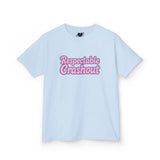 Light blue t-shirt with pink text 'Respectable Crashout' on a white background