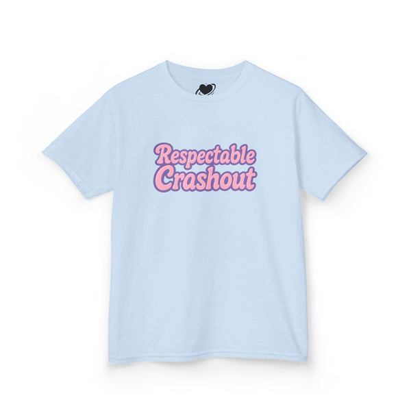 Light blue t-shirt with pink text 'Respectable Crashout' on a white background