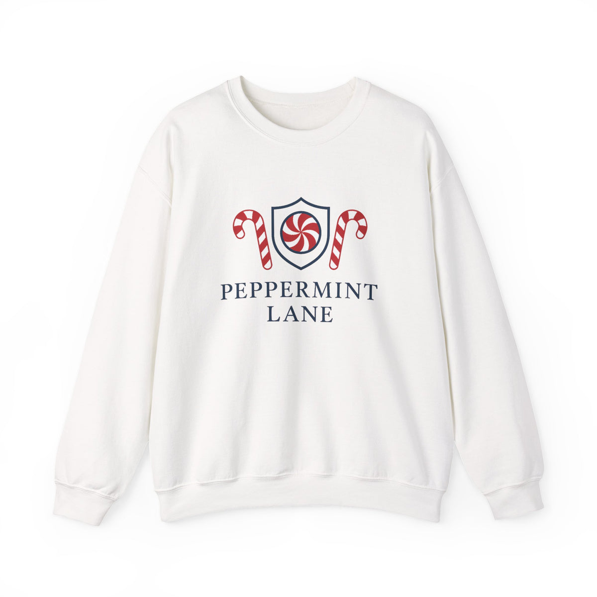 White sweatshirt with 'Peppermint Lane' design featuring candy canes and a shield on a white background.