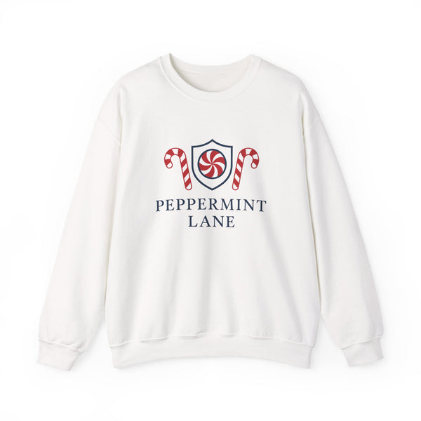 White sweatshirt with 'Peppermint Lane' design featuring candy canes and a shield on a white background.