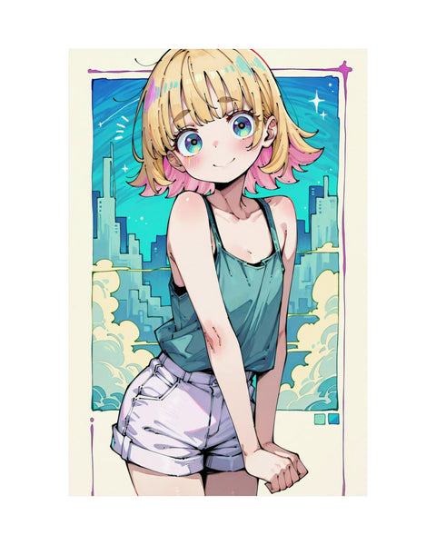 Anime-style character poster with blonde pink hair and blue tank top against a cityscape background