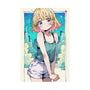 Anime-style character poster with blonde pink hair and blue tank top against a cityscape background