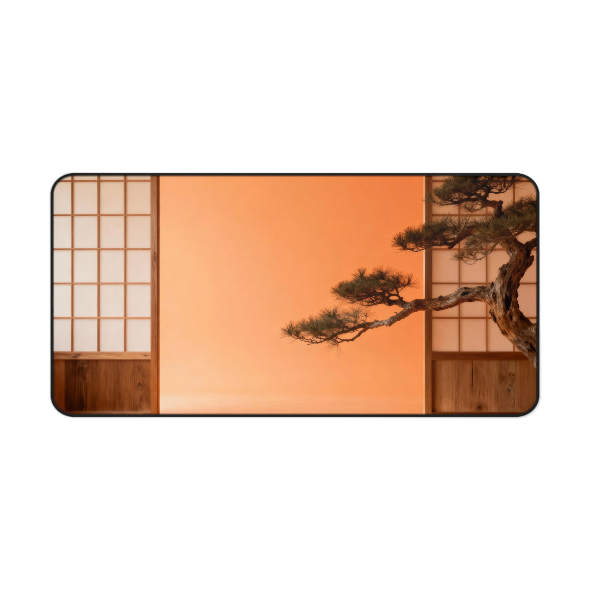 Desk mat with a surreal landscape with a bonsai tree against an orange sky and Japanese wooden panels.