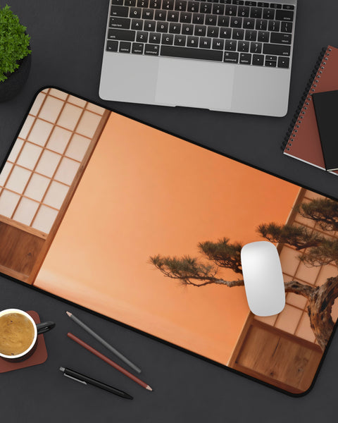 Desk setup with a mouse pad featuring a Japanese bonsai tree design, laptop, notebook, and coffee cup.