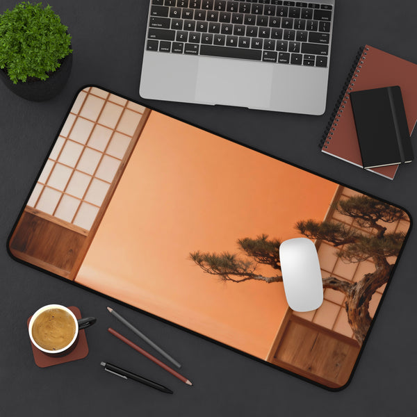 Desk setup with a mouse pad featuring a Japanese bonsai tree design, laptop, notebook, and coffee cup.