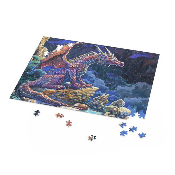 Jigsaw puzzle with a gemstone dragon design on a white background