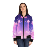 Woman wearing an anime bomber jacket with a pink and purple cloud pattern on a white background