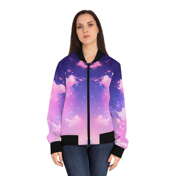 Woman wearing an anime bomber jacket with a pink and purple cloud pattern on a white background